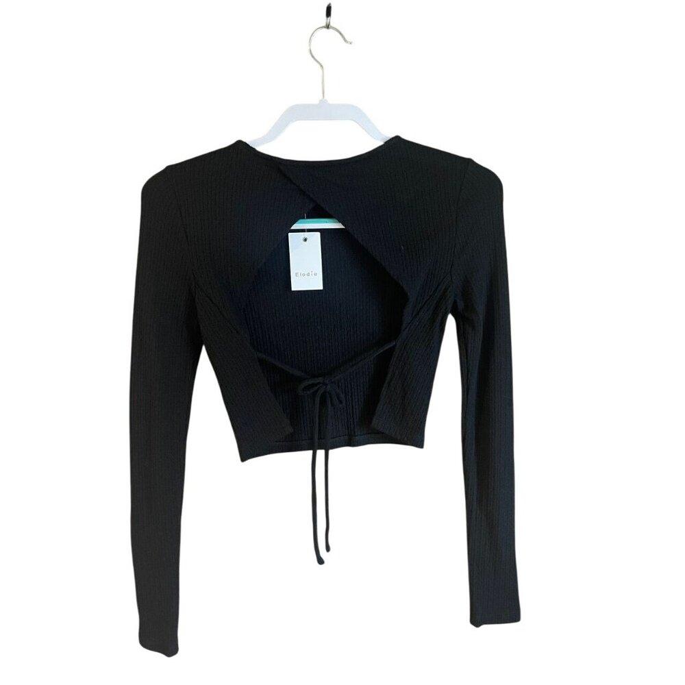 Elodie Black Ribbed Long Sleeve Crop Top With Back Cut-Out Design